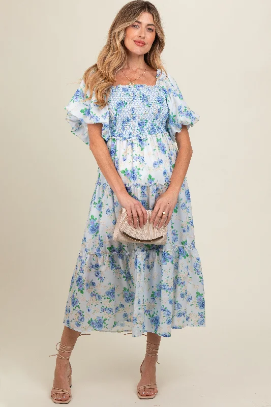 Fashion Forward Outfits Blue Floral Smocked Puff Sleeve Maternity Midi Dress