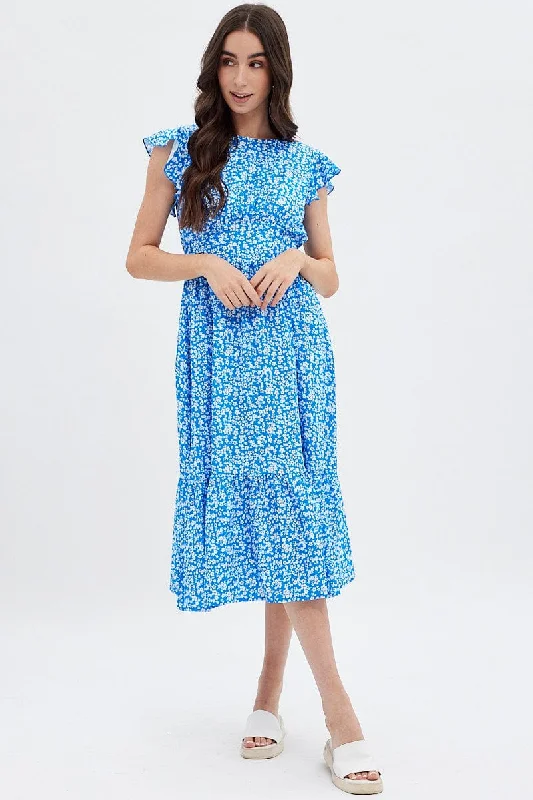 Chic Outfits Blue Floral Tie Back Midi Dress