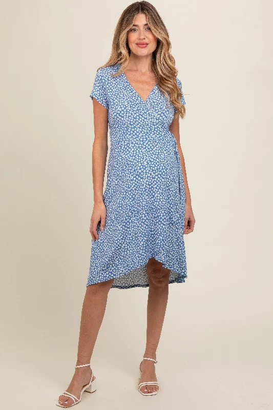 Discounts On Casual Weekend Styles Blue Floral Wrap Maternity Midi Dress