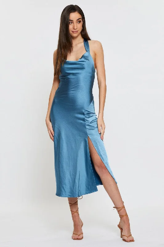 Stylish Statements Blue Slip Dress Midi Satin