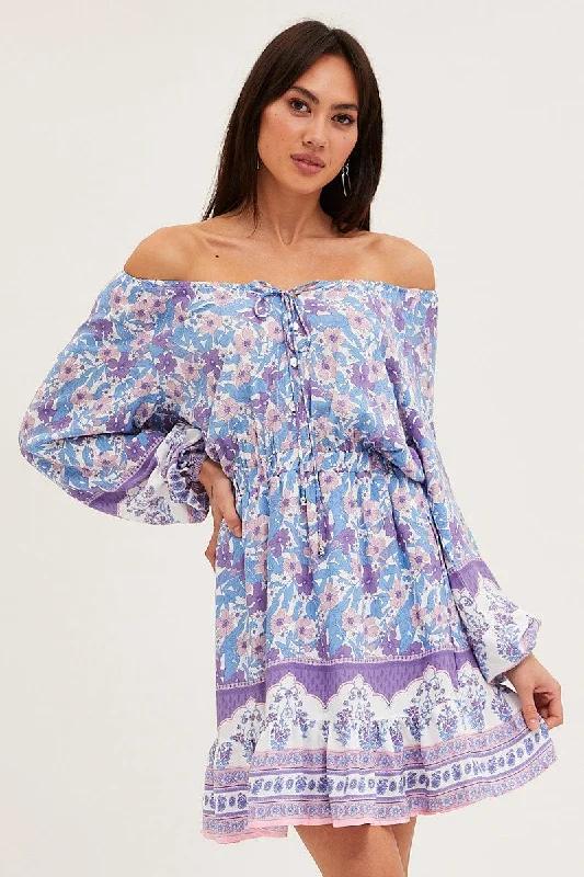 Special Occasion Wear Boho Print Tie Waist Dress Long Sleeve Mini