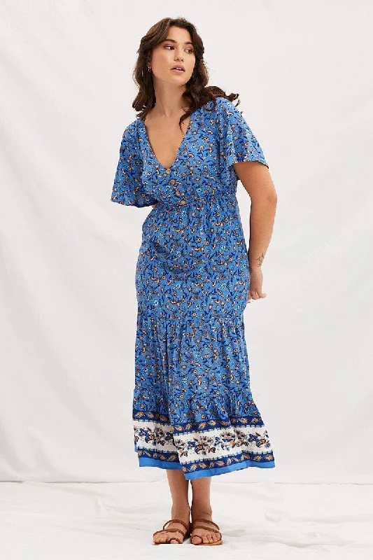 Your Timeless Wardrobe Awaits Boho Print V-Neck Short Sleeve Midi Dress