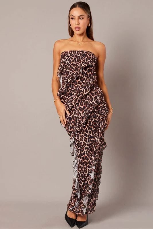 Trendy Fashion For Women Brown Animal Print Ruffle Maxi Dress Strapless Bandeau Frilly Dress