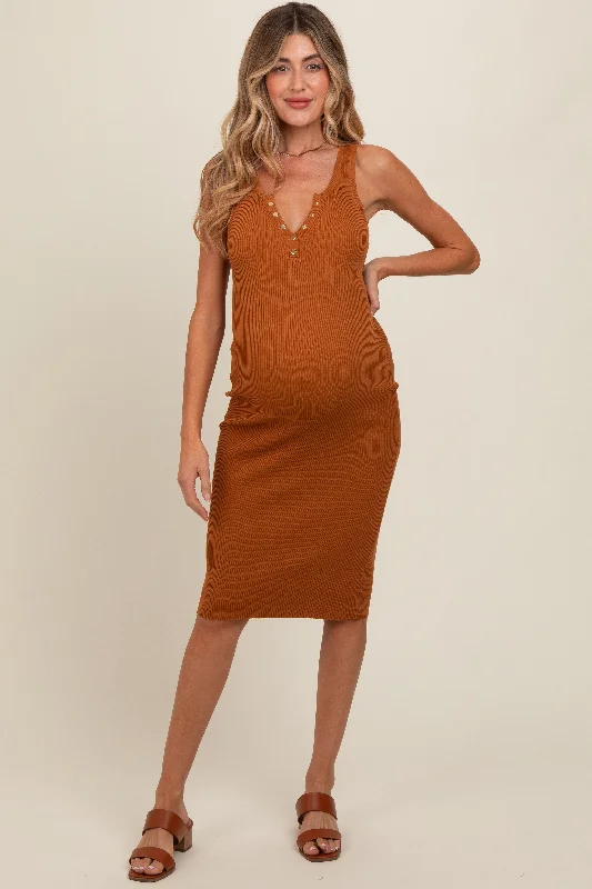 Insane Discount Onslaught Camel Sleeveless Knit Henley Maternity Midi Dress