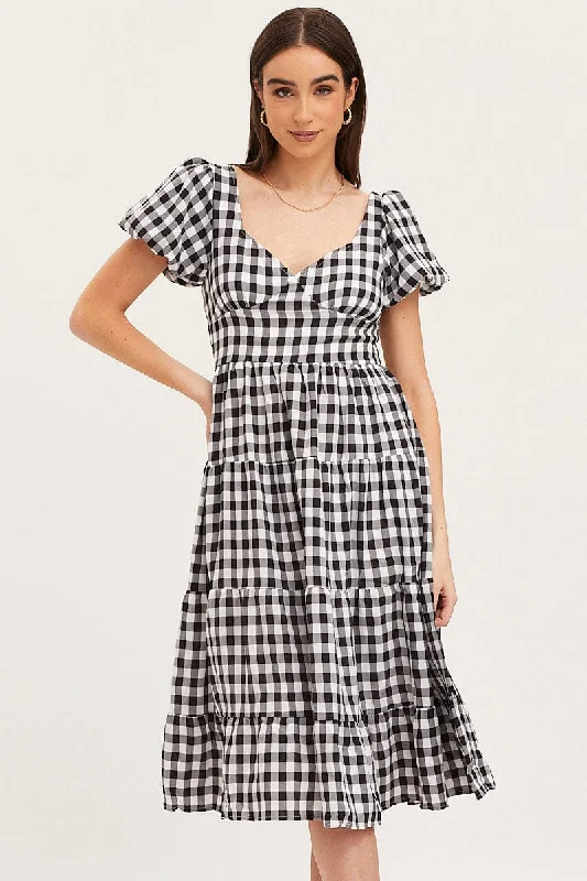 Comfortable Clothes Check Midi Dress Short Sleeve Evening