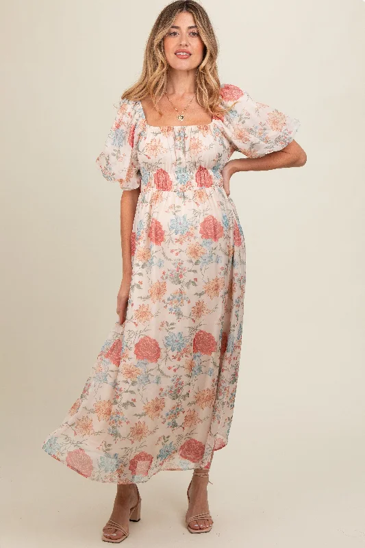 Limited Time Offer Cream Blue Floral Chiffon Puff Sleeve Maternity Midi Dress