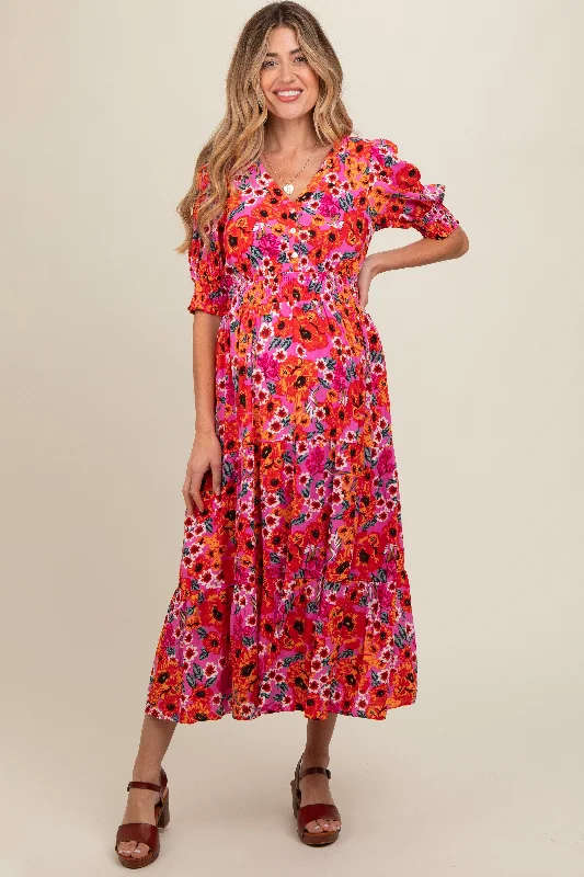 Limited Stock Fuchsia Floral Button Front Smocked Waist Tiered Maternity Midi Dress