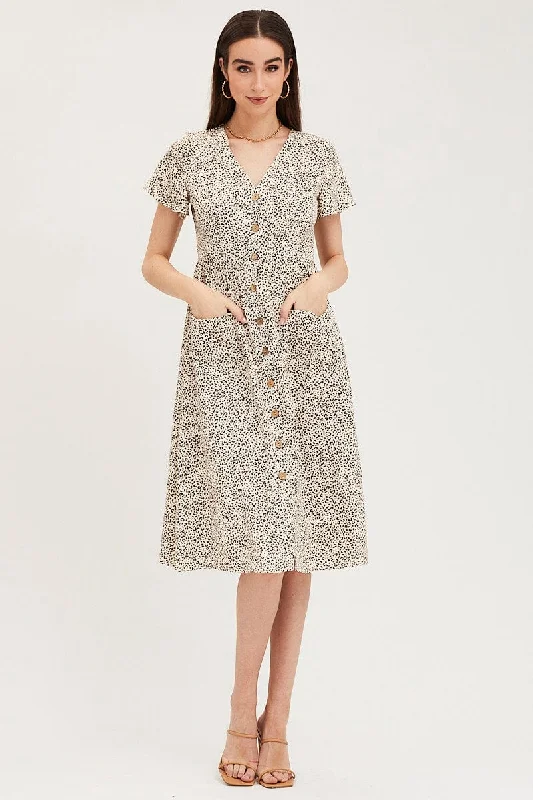 Chic And Trendy Geo Print Pocket Front Button Midi Dress