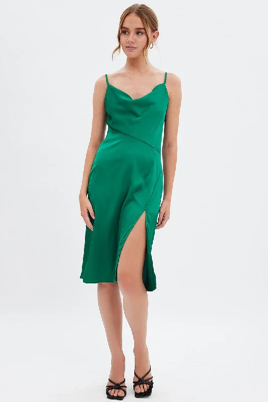 Limited Time Offers Green Cowl Neck Slip Midi Dress