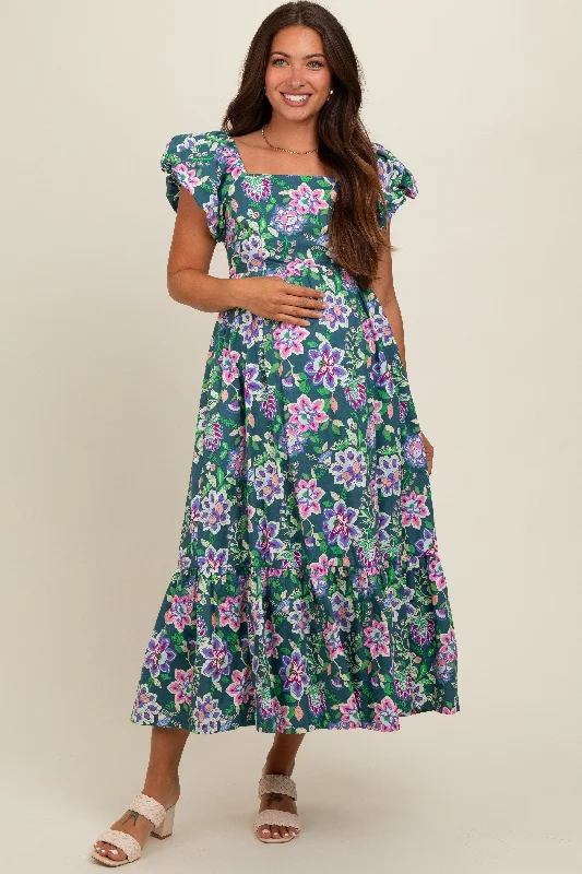 Exclusive Discounts Green Floral Square Neck Puffy Sleeves Maternity Dress