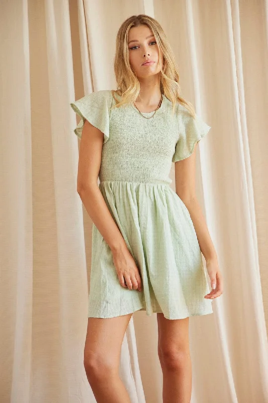 Wardrobe Refresh Green Shirred Skater Mini Dress