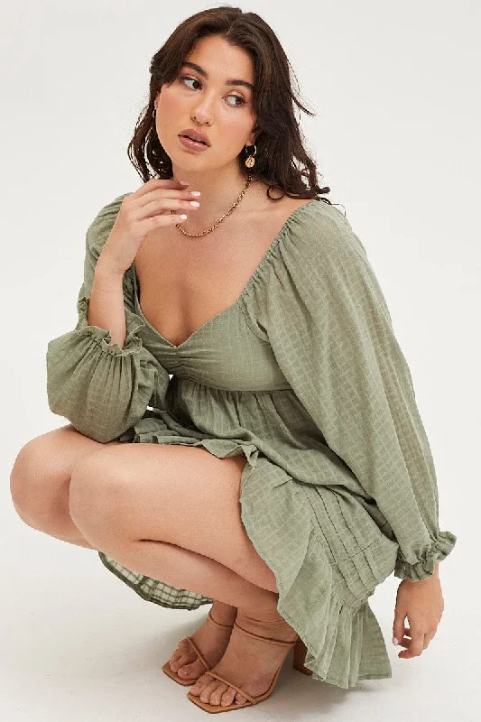 Flash Sale Starts Green Smock Dress Long Sleeve Mini