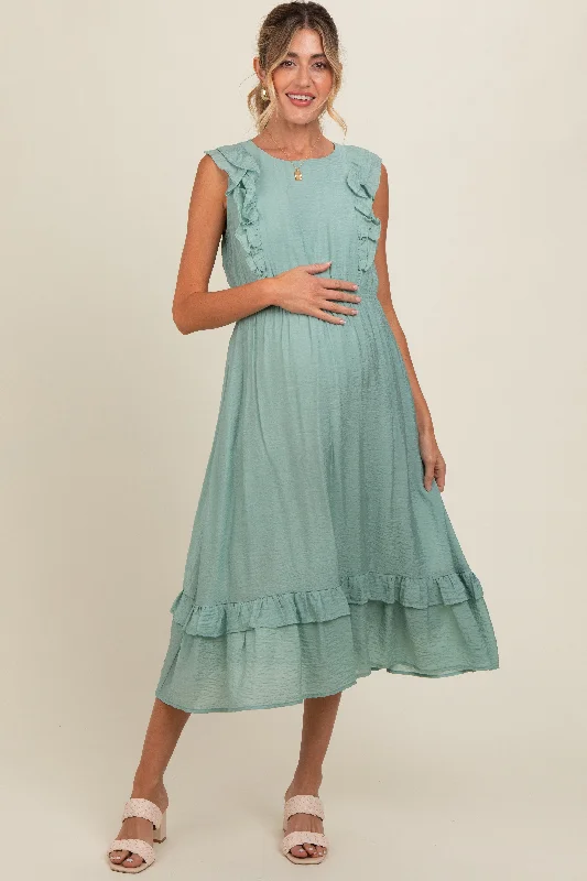 Season Offer Jade Texture Ruffle Accent Maternity Midi Dress