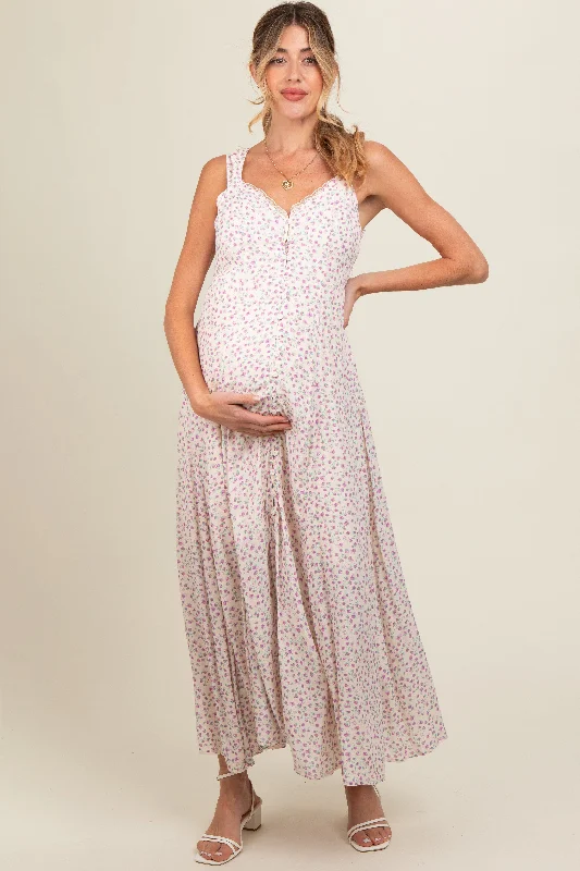 From Casual To Classy Lavender Floral Button Down Maternity Maxi Dress