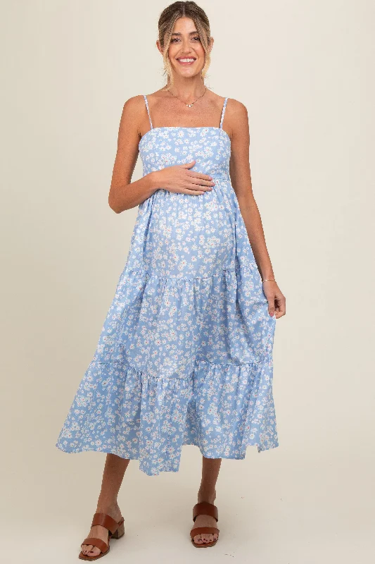 Spring Fashion Light Blue Floral Cutout Tie Back Maternity Midi Dress