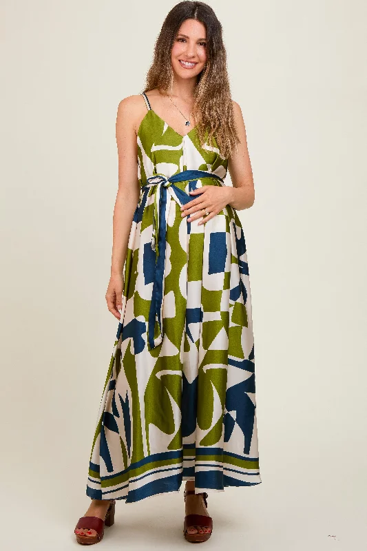 Trendy Street Style Navy Abstract Print Satin Waist Tie Maternity Dress