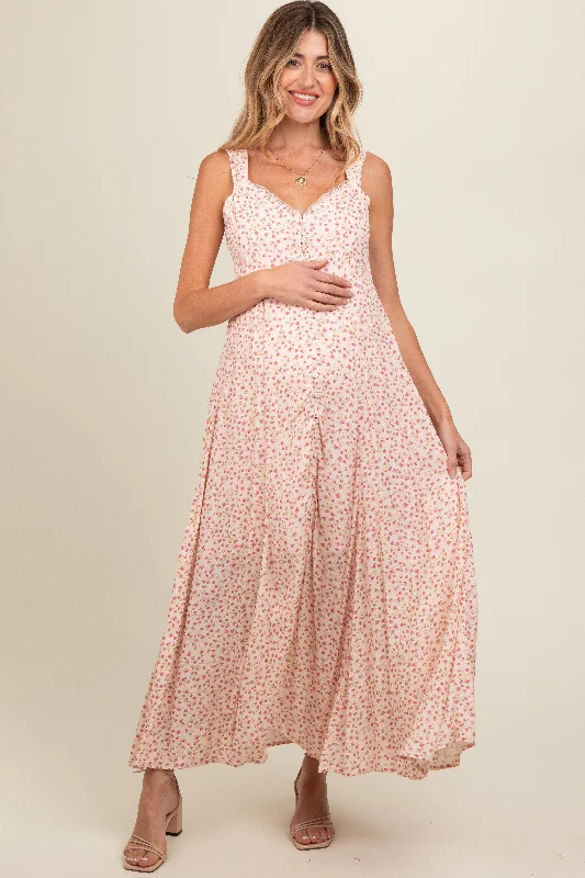 Forward Trendsetter Peach Floral Button Down Maternity Maxi Dress