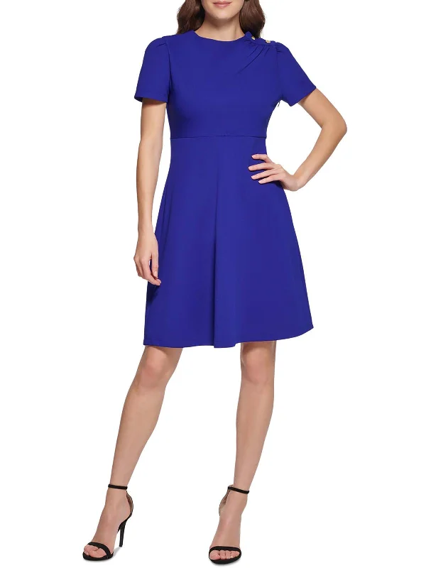 Feminine Grace Petites Womens Button Shoulder Short Sleeves Fit & Flare Dress