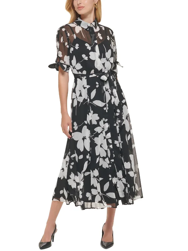 Fashion Essentials Petites Womens Floral Print Chiffon Shirtdress