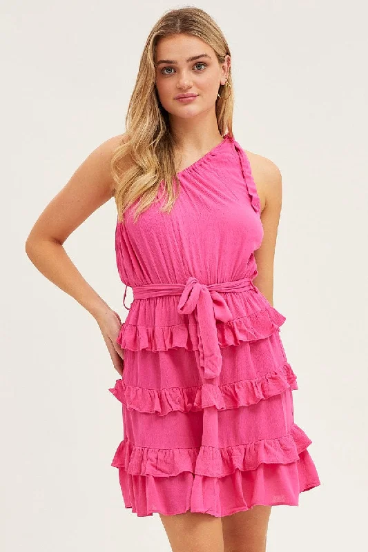 Big Savings Pink Mini Dress One Shoulder Sleeveless