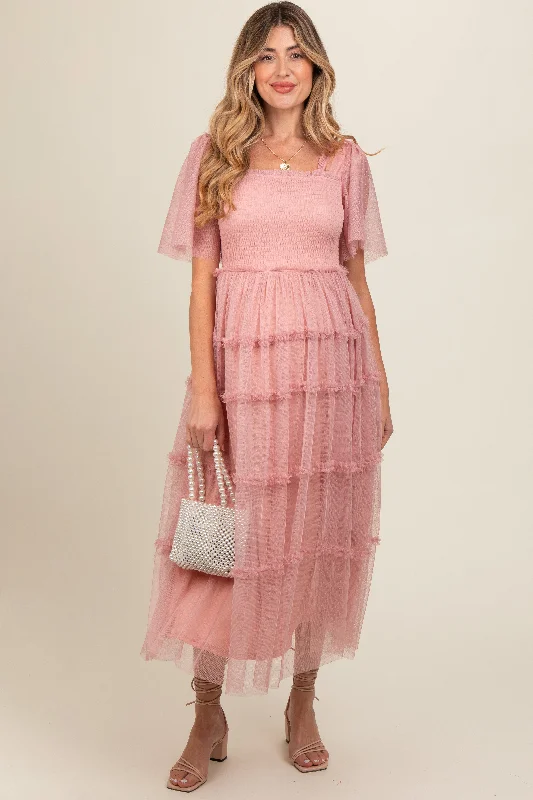 Stylish Savings Pink Ruffled Mesh Maternity Maxi Dress