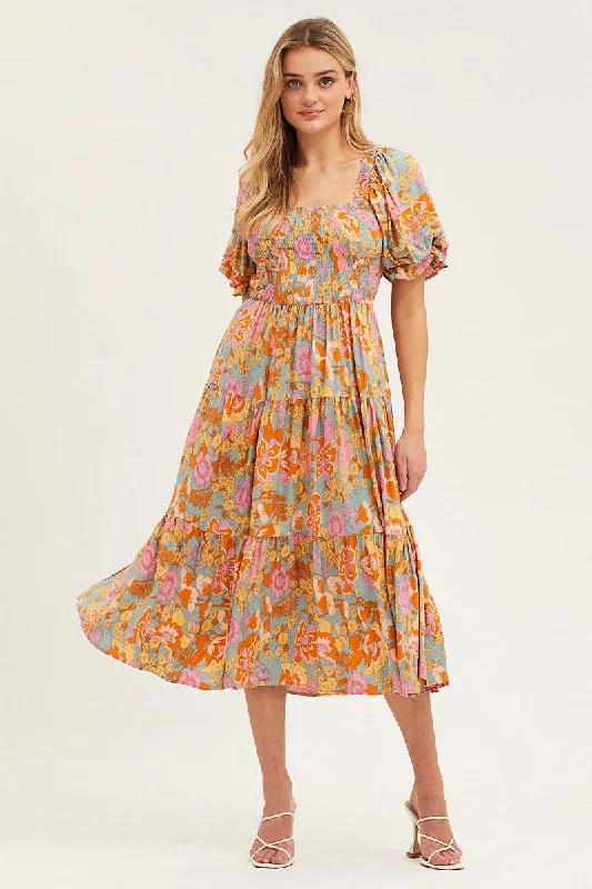 Innovate Your Wardrobe Print Dress Puff Sleeve Maxi