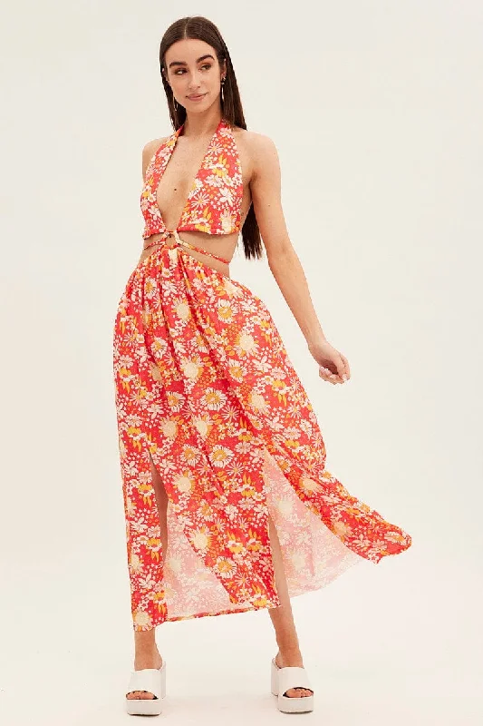 Hot Styles Red Floral Maxi Dress Cutout Front Split