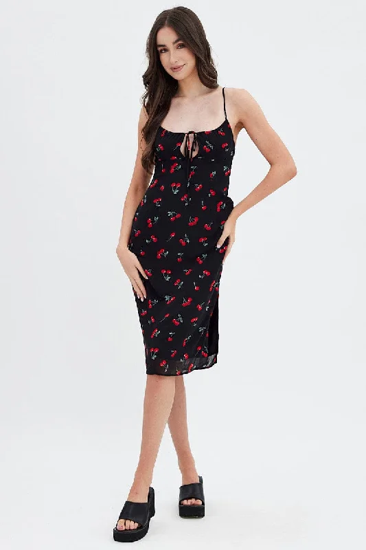 Redefining Women's Style Red Floral Midi Dress Grunge Floral Print