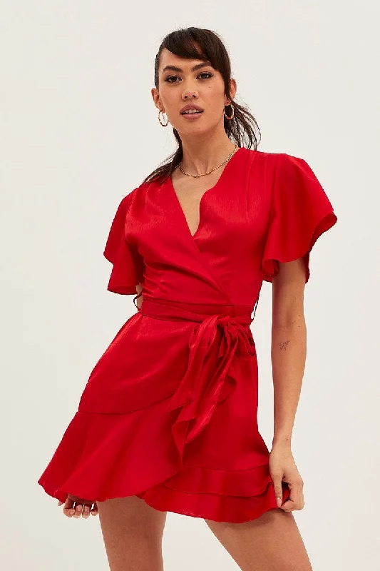 Best Sellers Red Wrap Dress Evening Satin