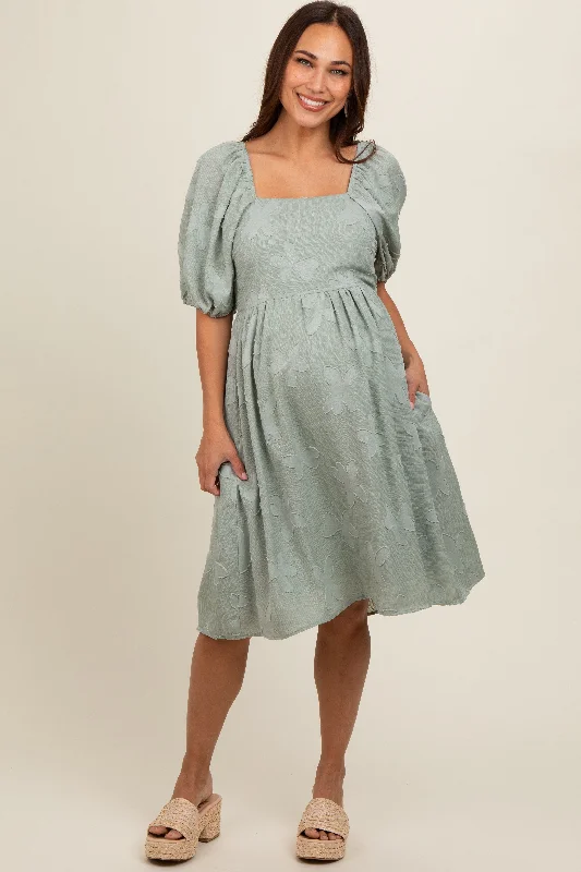 Minimalist Chic Sage Textured Floral Square Neck Puff Sleeve Maternity Dress