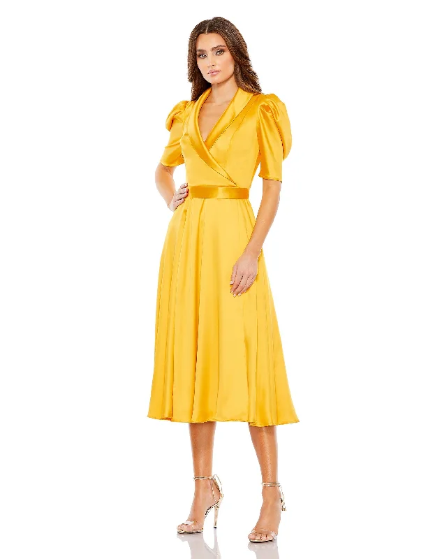 Unleash Your Trendy Side Satin Lapel Puff Sleeve Tea Length Dress