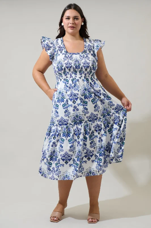 Big Discounts Viara Floral Giza Glare Smock Tiered Midi Dress Curve