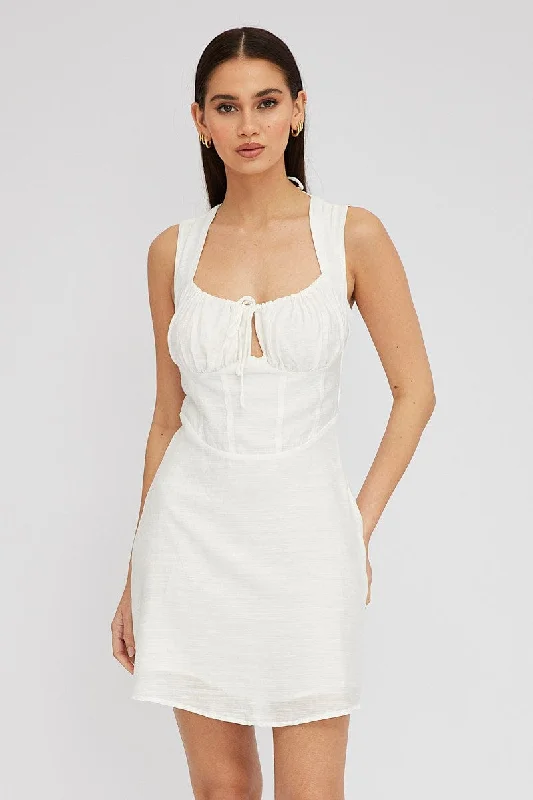 Feminine Charm White Fit and Flare Dress Sleeveless Corset