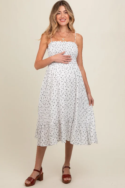 Special Offer White Floral Smocked Sleeveless Maternity Midi Dress