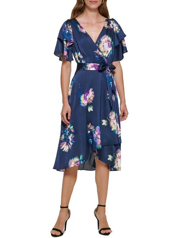 Winter Warm - Up Sale Womens Floral Faux Wrap Midi Dress