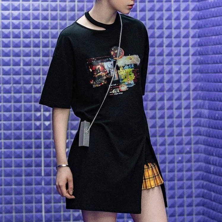 Stylish Spring Fashion Women's Gothic Irregular Collar Long T-shirts Dresses With Belt