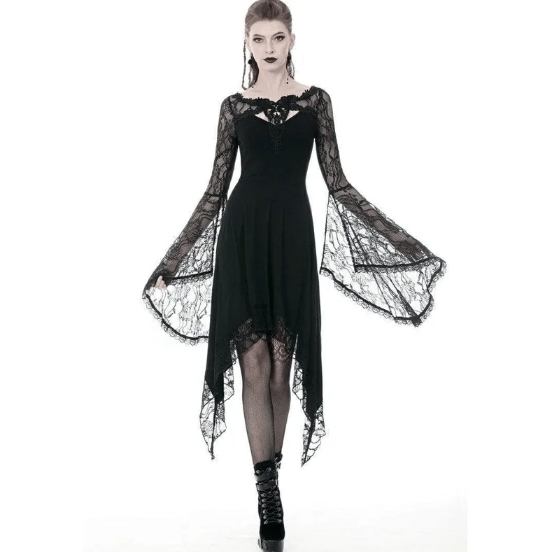 Chic Styles Women's Gothic Lady Hollow Chest Irregular Dresses With Floral Lacey Sleeves