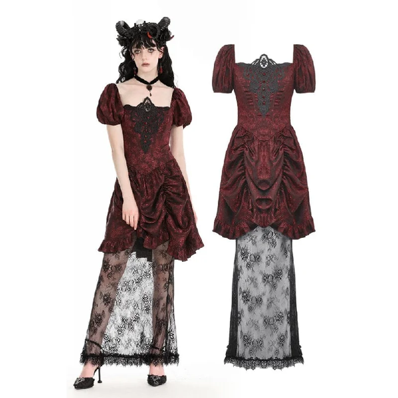 Clearance Sale, All Cheap Women's Gothic Puff Sleeved Lace Splice Red Prom Dress