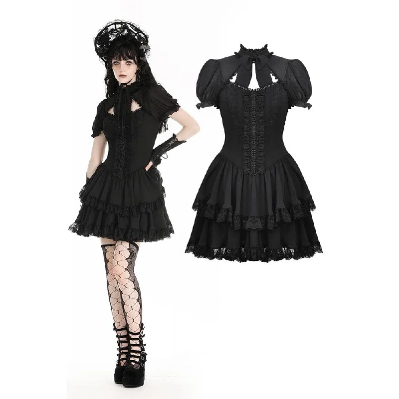 Flowy Fabric Women's Gothic Puff Sleeved Layered Grad Dress