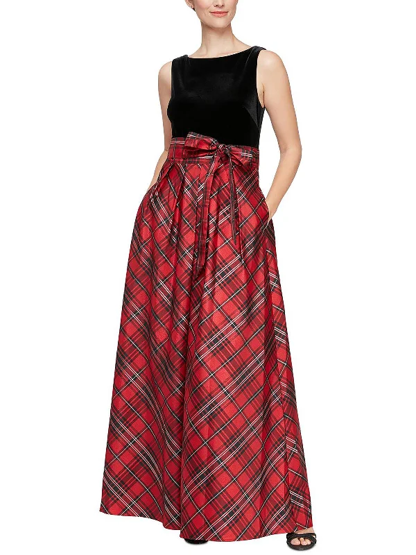 Limited Styles Womens Velvet Plaid Maxi Dress