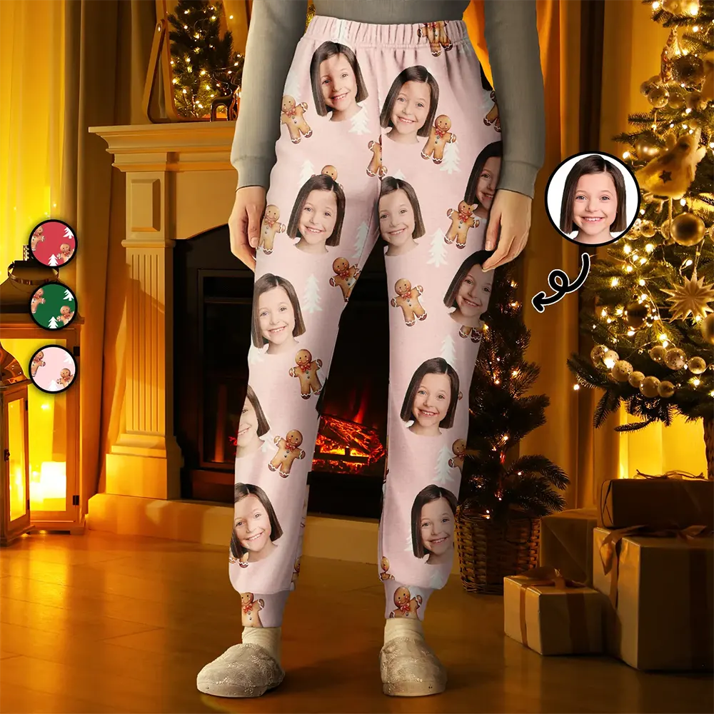 Trend Leading Collection Custom Photo Human Pets Face Gingerbread Pattern - Personalized Pajama Pants