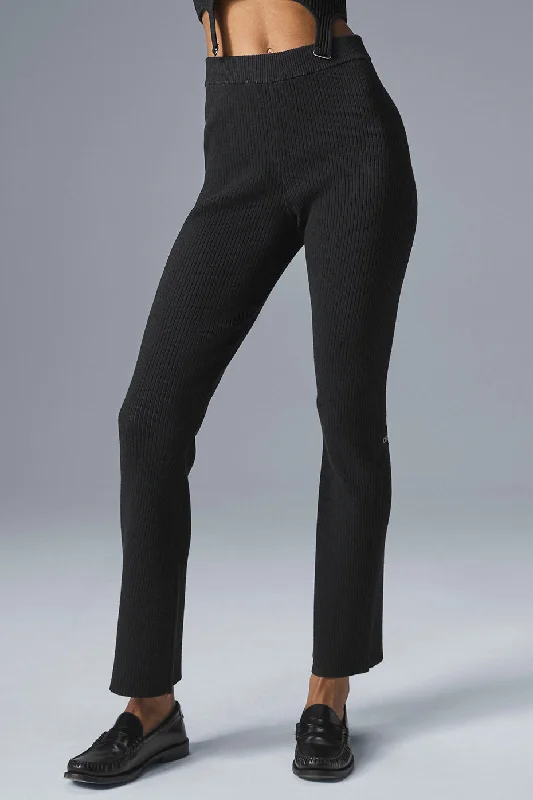 Trendy Street Style Attire Denim Knit High-Waist Flare Pant - Black/Anthracite